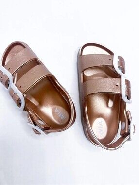 MIA Metallic Rose Gold Double-Buckle Kids Sandals with White Buckles